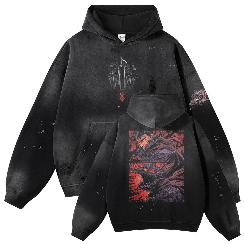 Berserk Anime Guts Fury Graphic Oversized Vintage Hoodie
