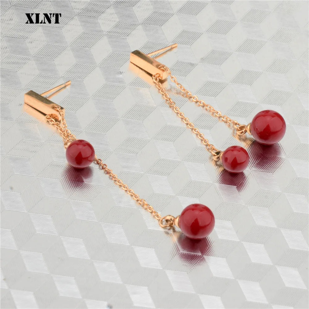 XLNT New Fashion Rose Golden Plated Dangle Hanging Red Stone  Long Drop Earrings For Women Jewelry brincos bijoux