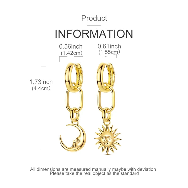 925 Sterling Silver Golden Asymmetric Chain Link Hoop Earrings Sun Moon Face Pendant Earrings Fashion Jewelry Gift for Women