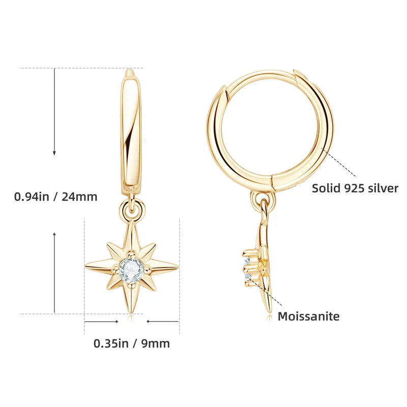 Trend New Hoops Earrings for Women 2.5mm Moissanite Star Starburst North-Star Real 925 Silver Charm Drop Earring Virgin Girl