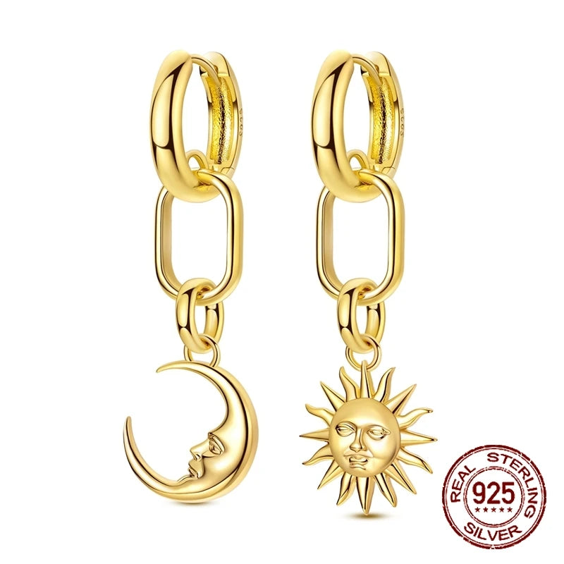 925 Sterling Silver Golden Asymmetric Chain Link Hoop Earrings Sun Moon Face Pendant Earrings Fashion Jewelry Gift for Women