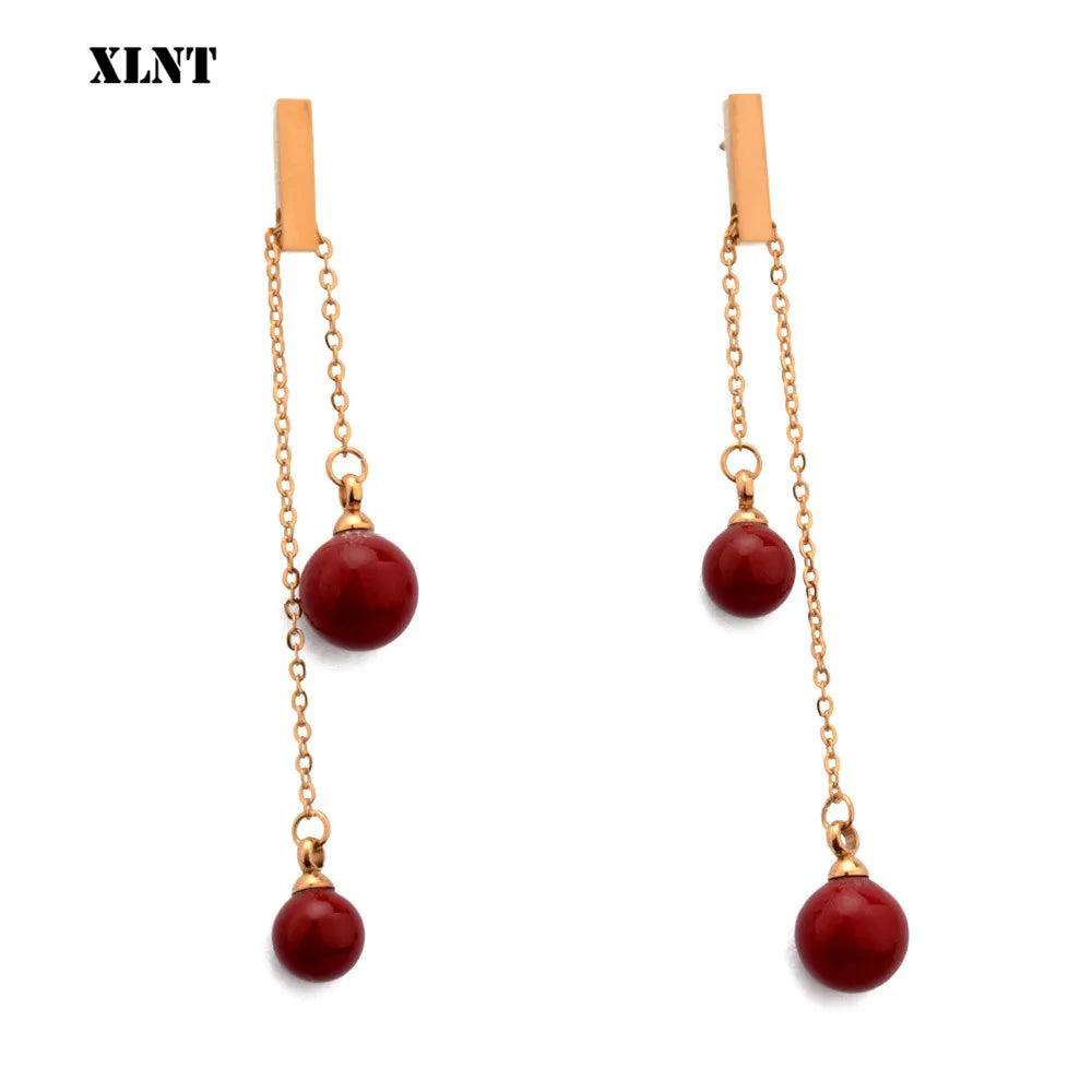 XLNT New Fashion Rose Golden Plated Dangle Hanging Red Stone  Long Drop Earrings For Women Jewelry brincos bijoux