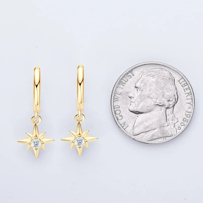 Trend New Hoops Earrings for Women 2.5mm Moissanite Star Starburst North-Star Real 925 Silver Charm Drop Earring Virgin Girl