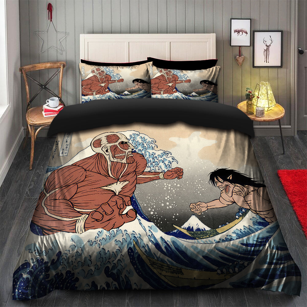 Anime Attack On Titans The Great Wave Japan Bedding Set Duvet Cover and 2 Pillowcases