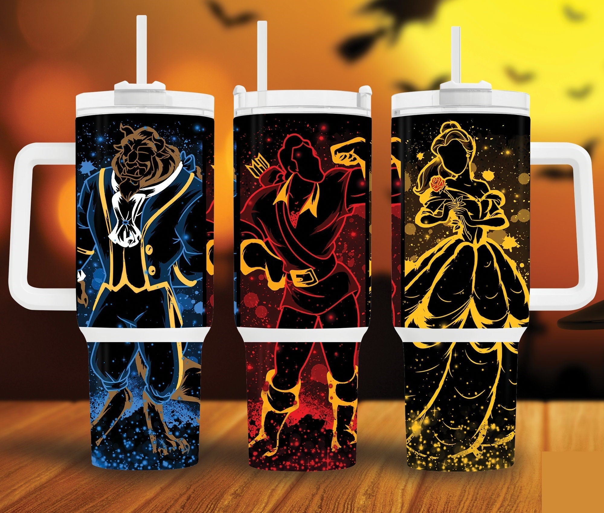Beauty And The Beast Belle The Beast Gaston Silhouette Large Tumbler