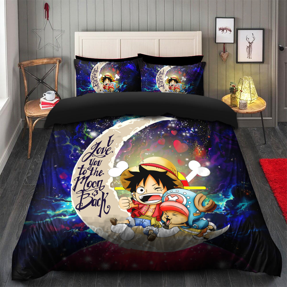 Anime Chibi Luffy and Chopper One Piece Love You to the Moon Galaxy Bedding Set for Kids - Duvet Cover and 2 Pillowcases