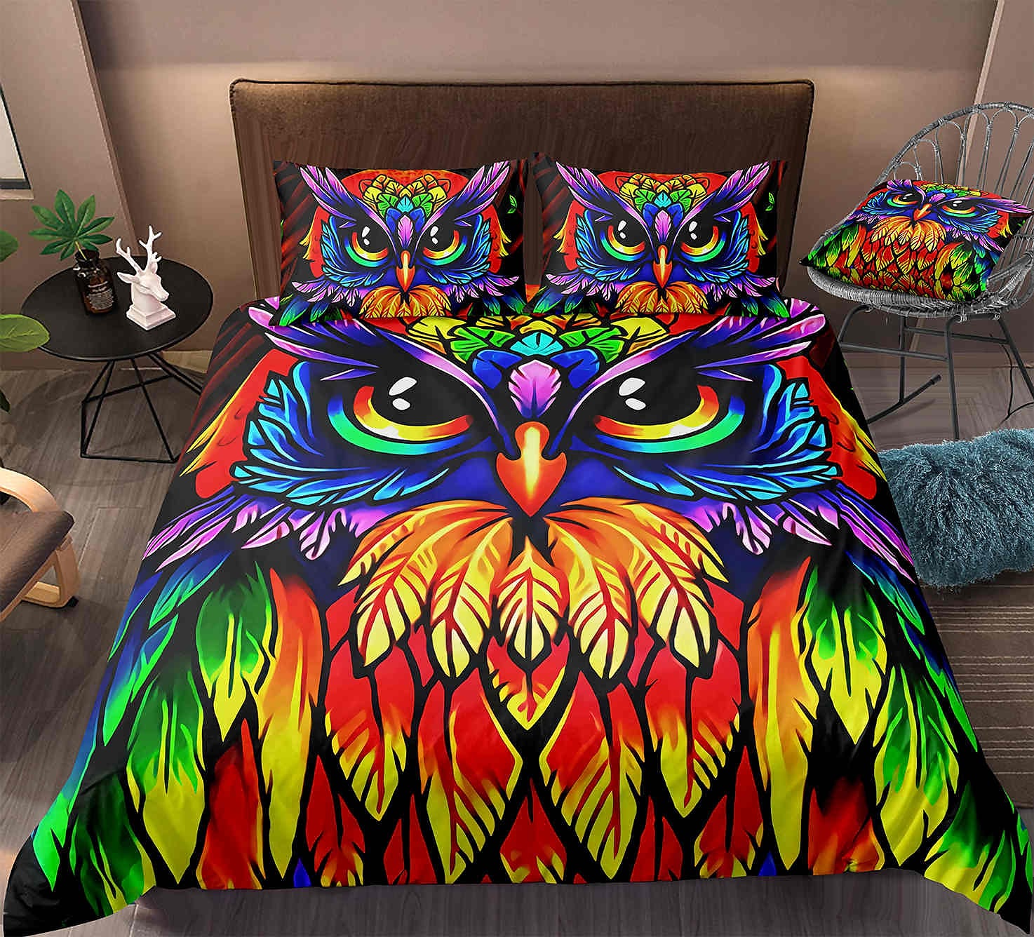 Colorful Owl Bedding Set with Duvet Cover and 2 Pillowcases