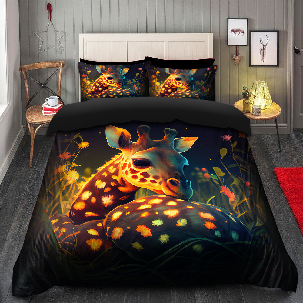 Cute Baby Giraffe Fireflies Bedding Set with Duvet Cover & 2
