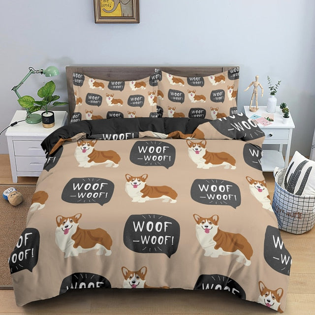 Corgi Duvet Cover Bedding Set with 2 Pillowcases, Cute Design