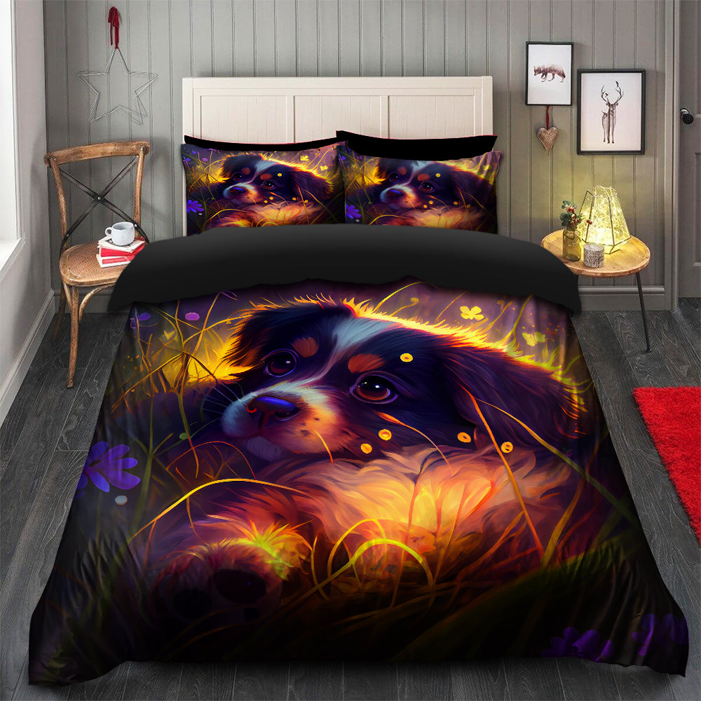 Cute Puppy Fireflies Duvet Cover and 2 Pillowcases Bedding Set