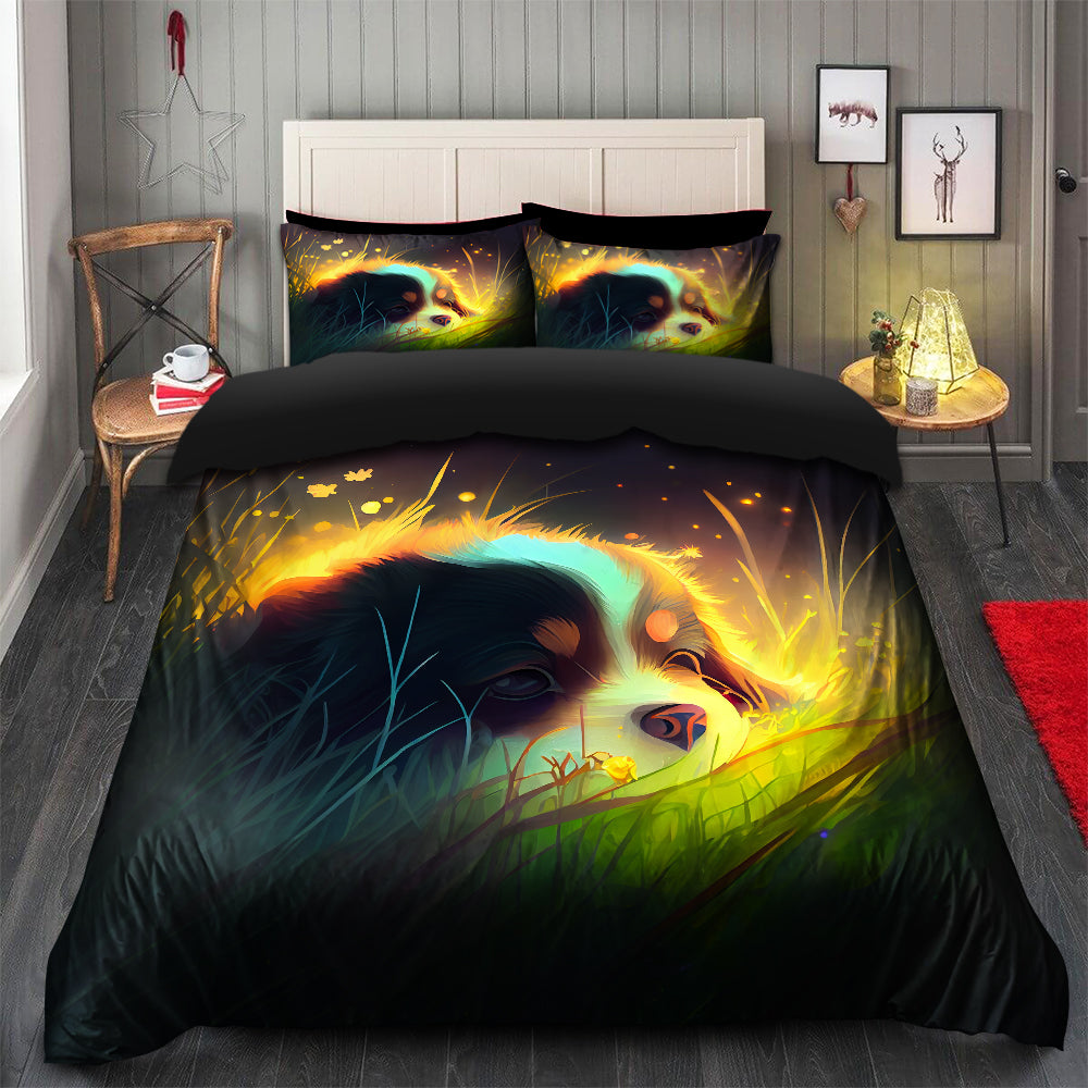 Cute Puppy Fireflies Duvet Cover Set with 2 Pillowcases, Cozy Bedding