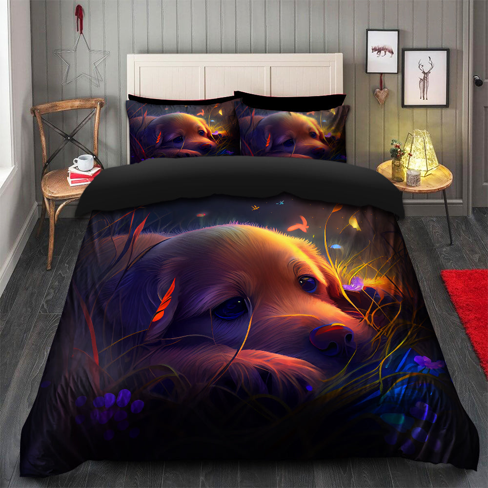 Cute Puppy Fireflies Bedding Set with Duvet Cover & 2 Pillowcases