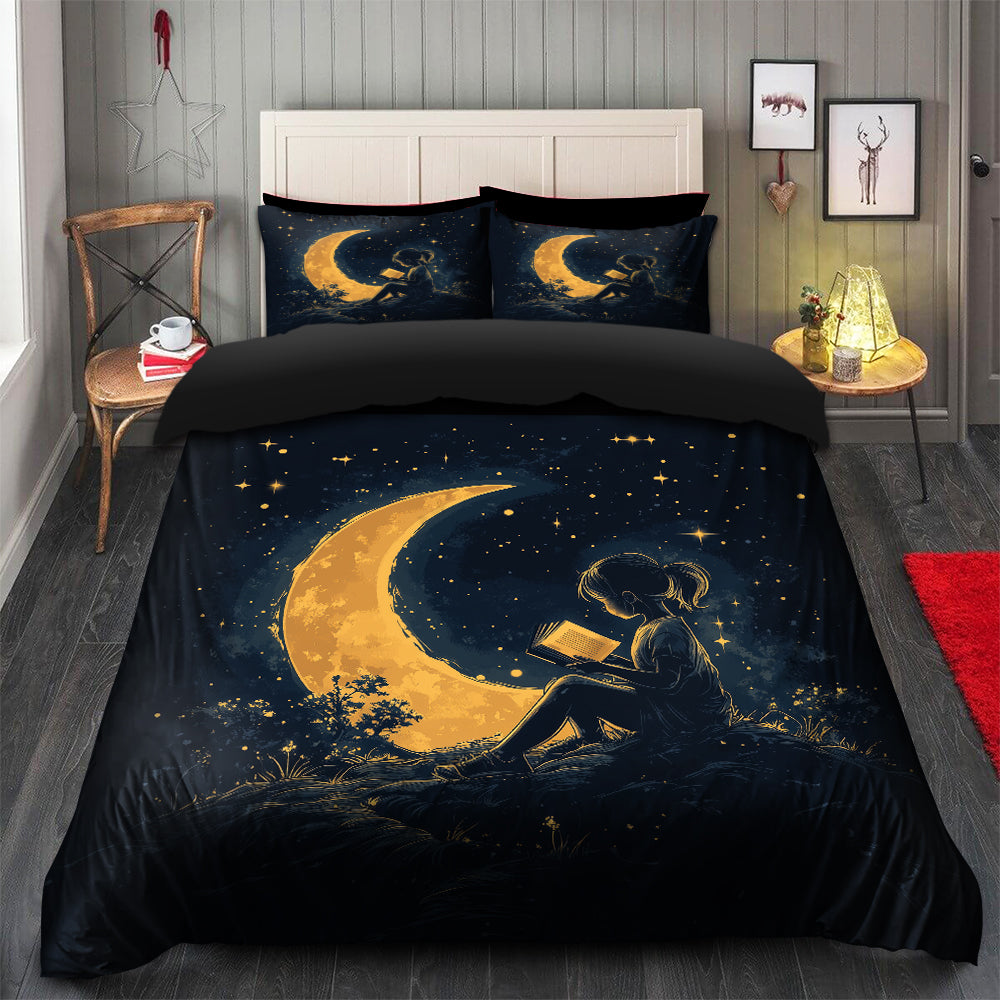 Crescent Moon Girl Reading Bedding Set with Duvet Cover and 2