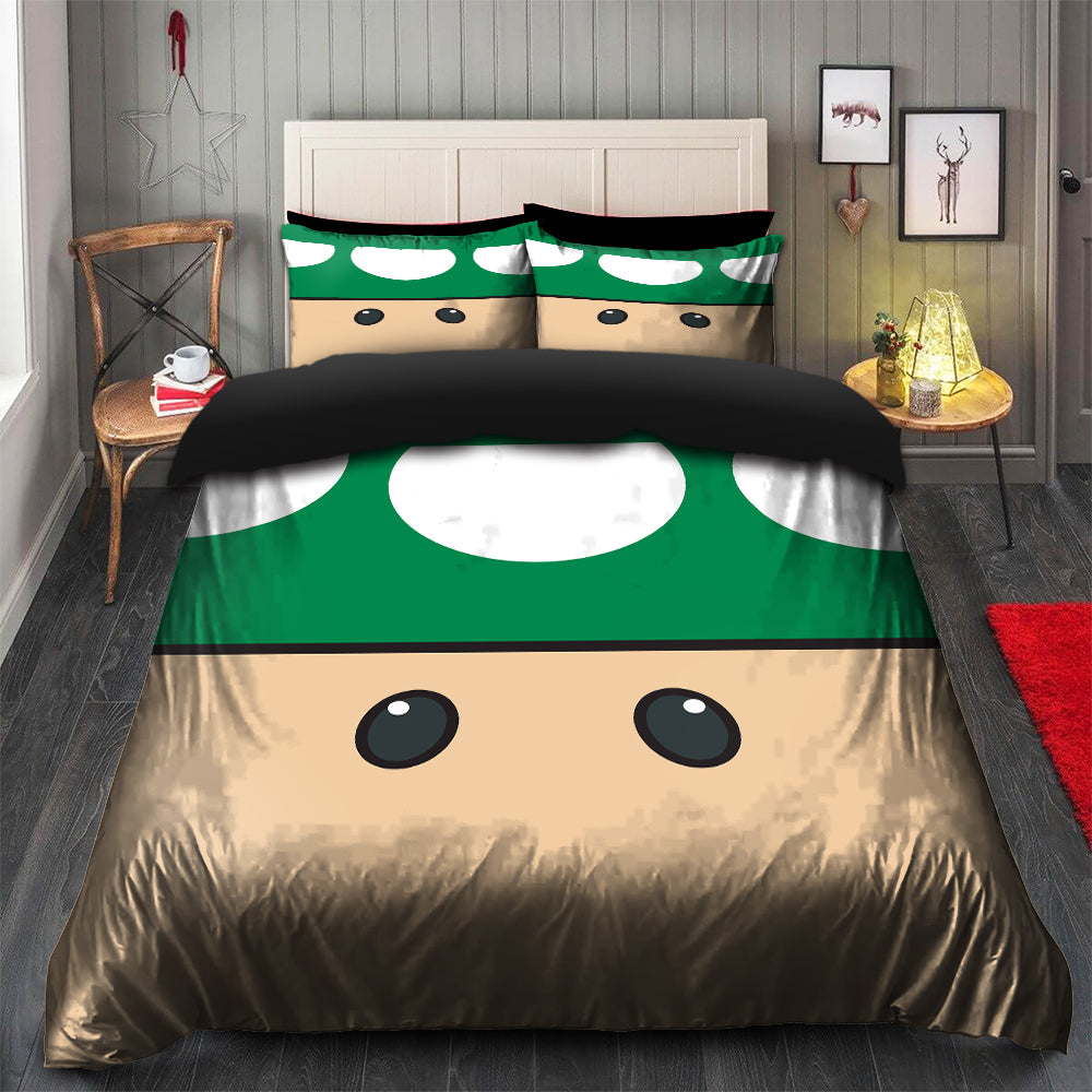 Green Mario Mushroom Duvet Cover Bedding Set with 2 Pillowcases