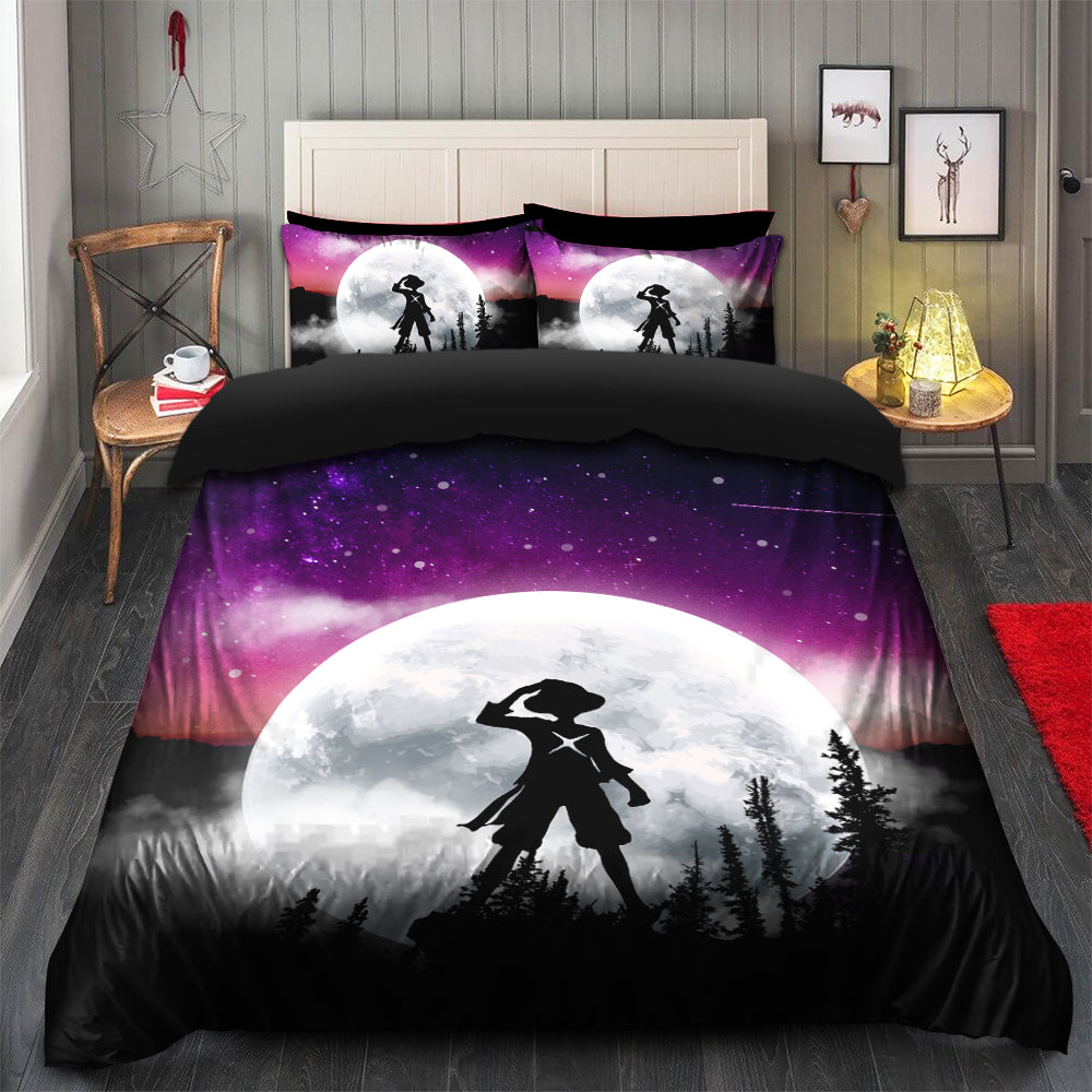 Anime One Piece Luffy Moon Night Galaxy Bedding Set with Duvet Cover and 2 Pillowcases - Bedroom Decor