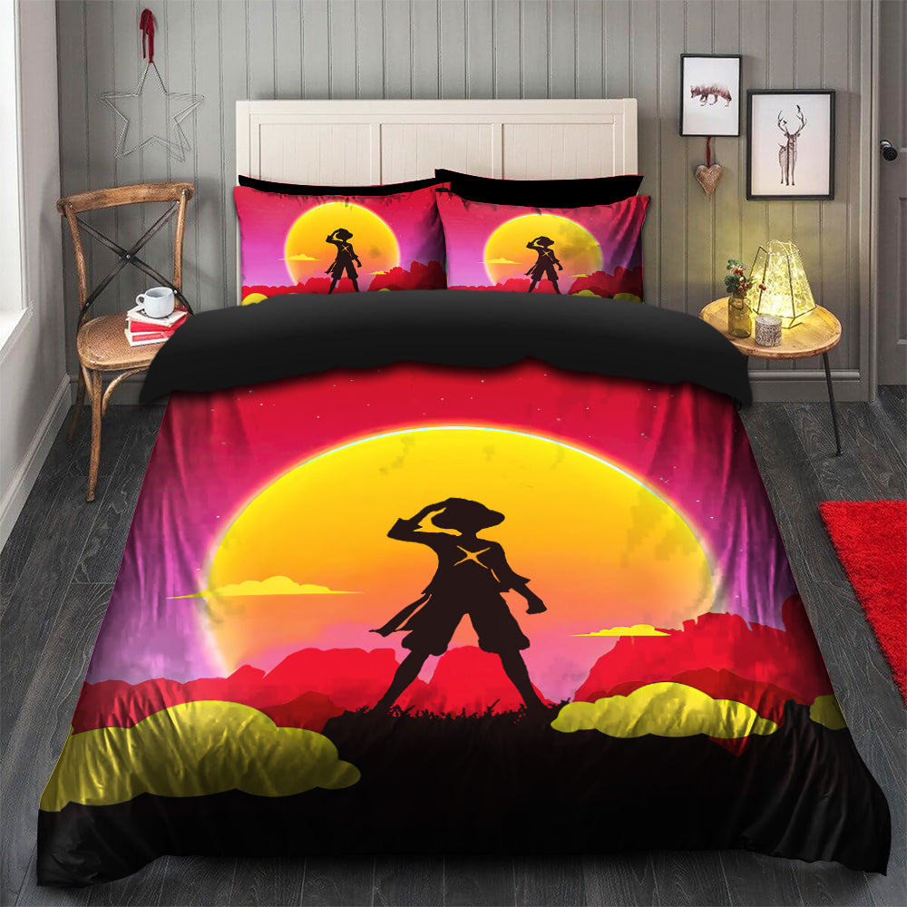 Anime One Piece Luffy Sunset Design Bedding Set Duvet Cover with 2 Pillowcases - Kids Bedroom Decor