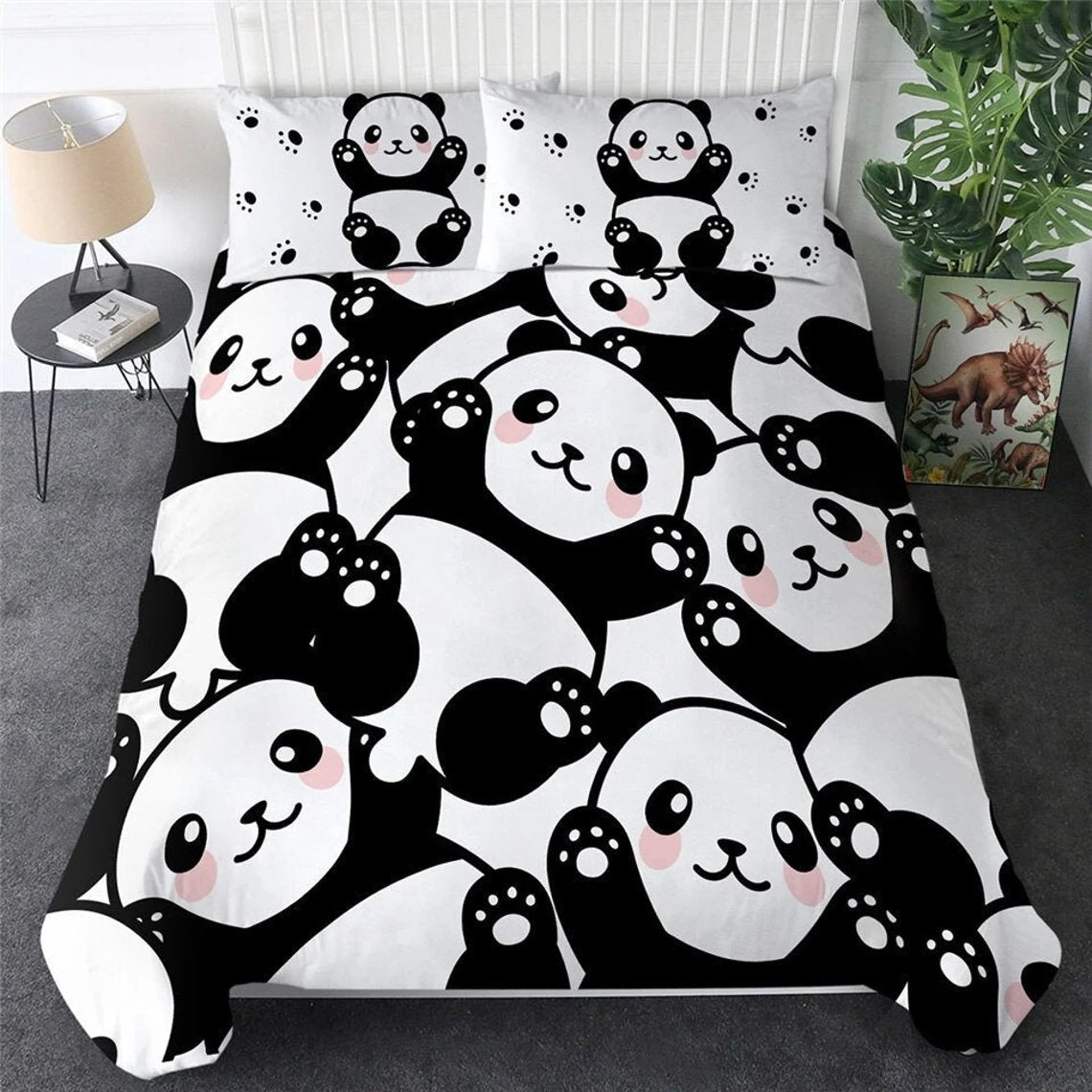 Panda Bedding Set with Duvet Cover and 2 Pillowcases - Cartoon Design