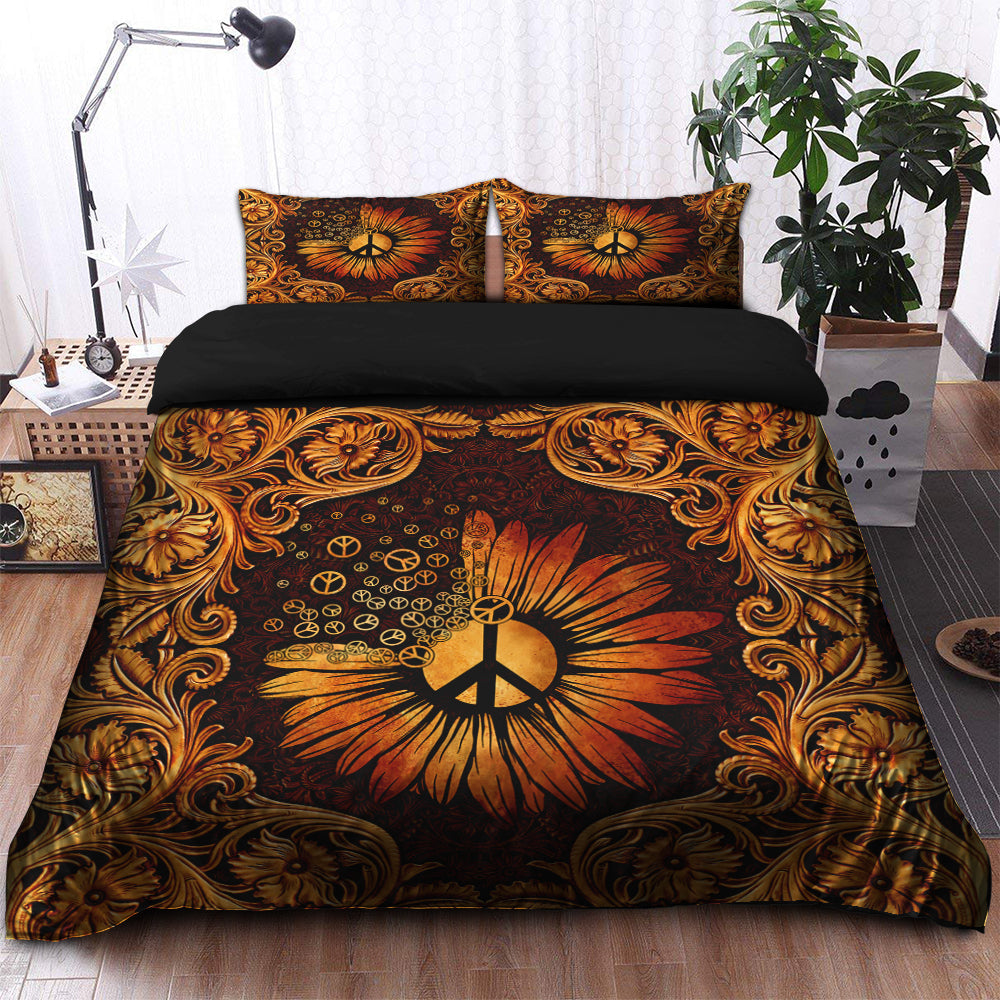 Hippie Bedding Set Peace Sign Sunflower Duvet Cover and 2 Pillowcases