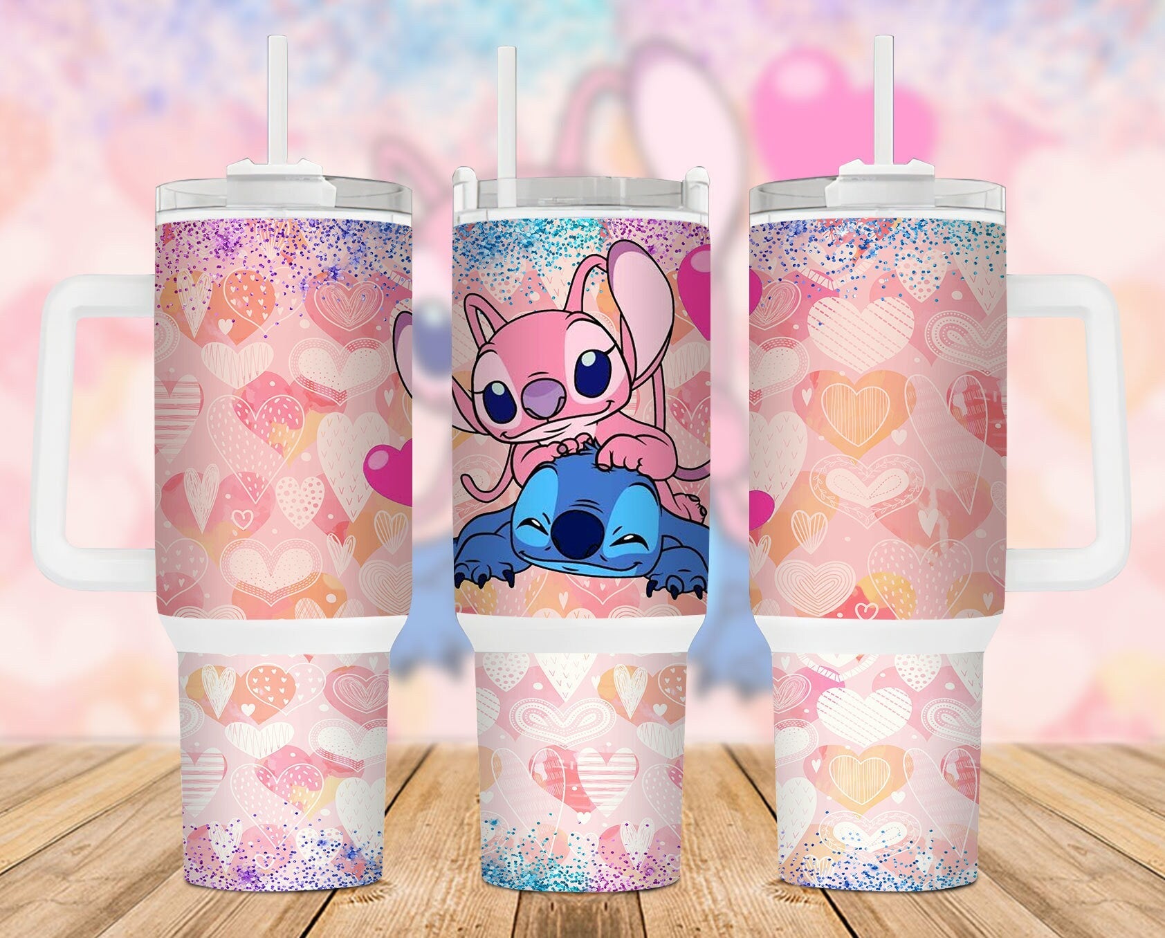 Stitch Disney Angel And Stitch Disney Heart Love Large Tumbler