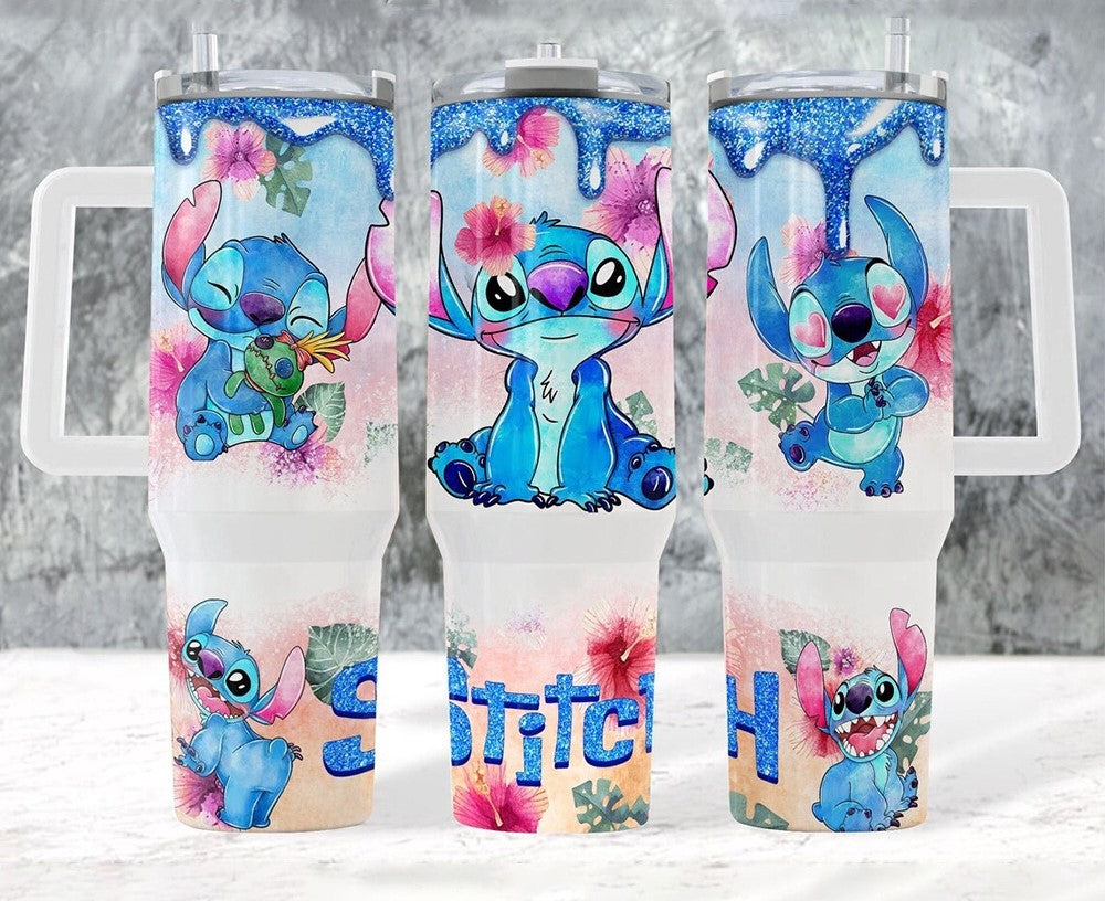 Stitch Disney And Tropical Flower Large Tumbler