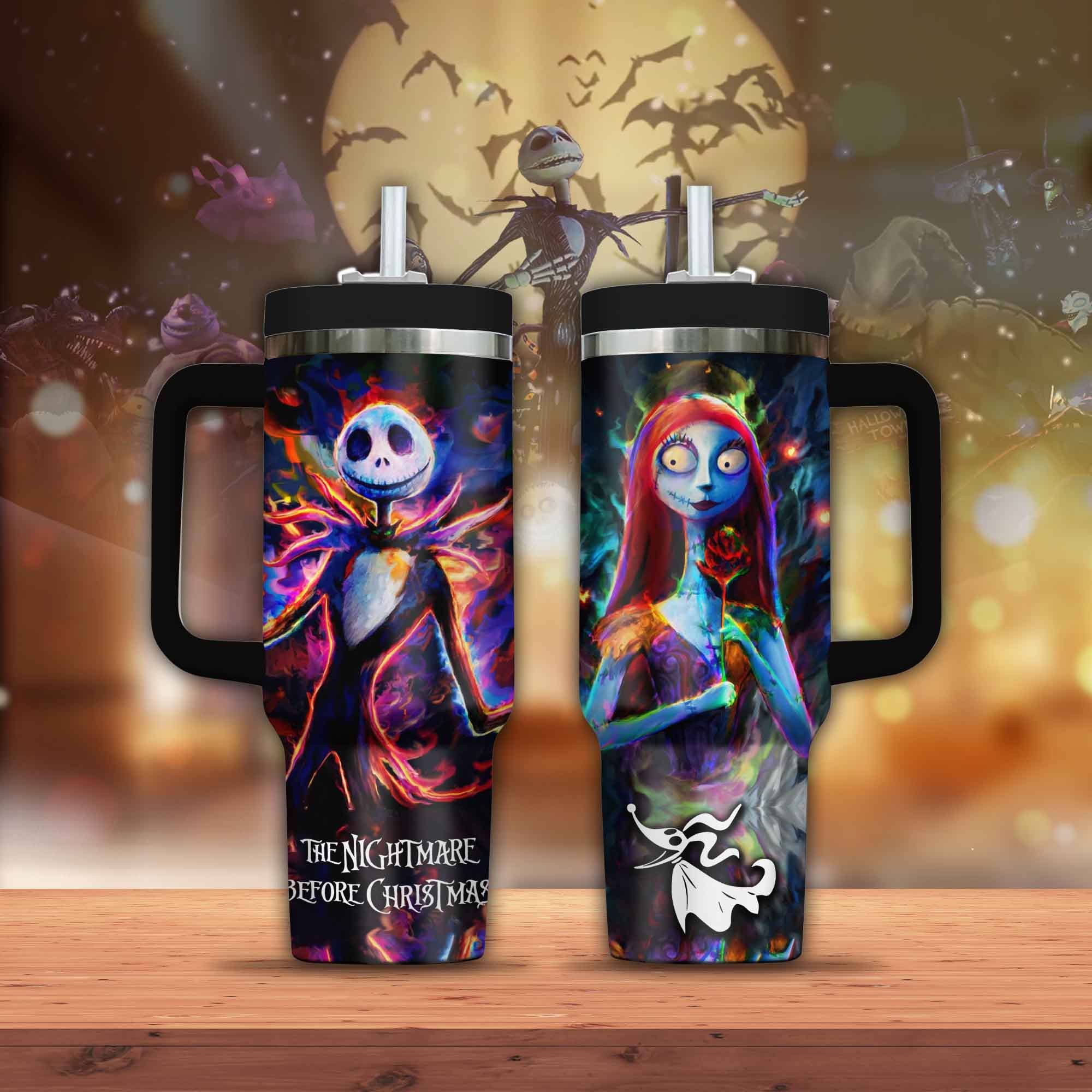 The Nightmare Before Christmas Jack And Sally Flaming Art Large Tumbler