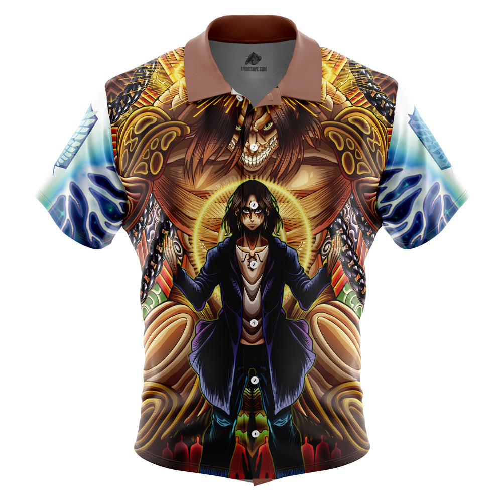 Trippy Eren Yeager Timeskip Attack on Titan Button Up Hawaiian Shirt